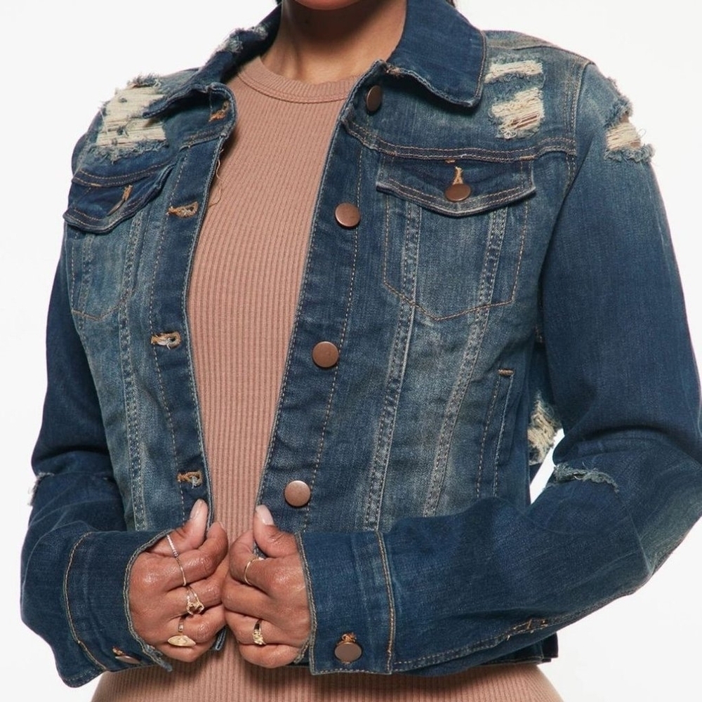 Fashion Nova Distressed Button Down Jean Jacket Size 1X